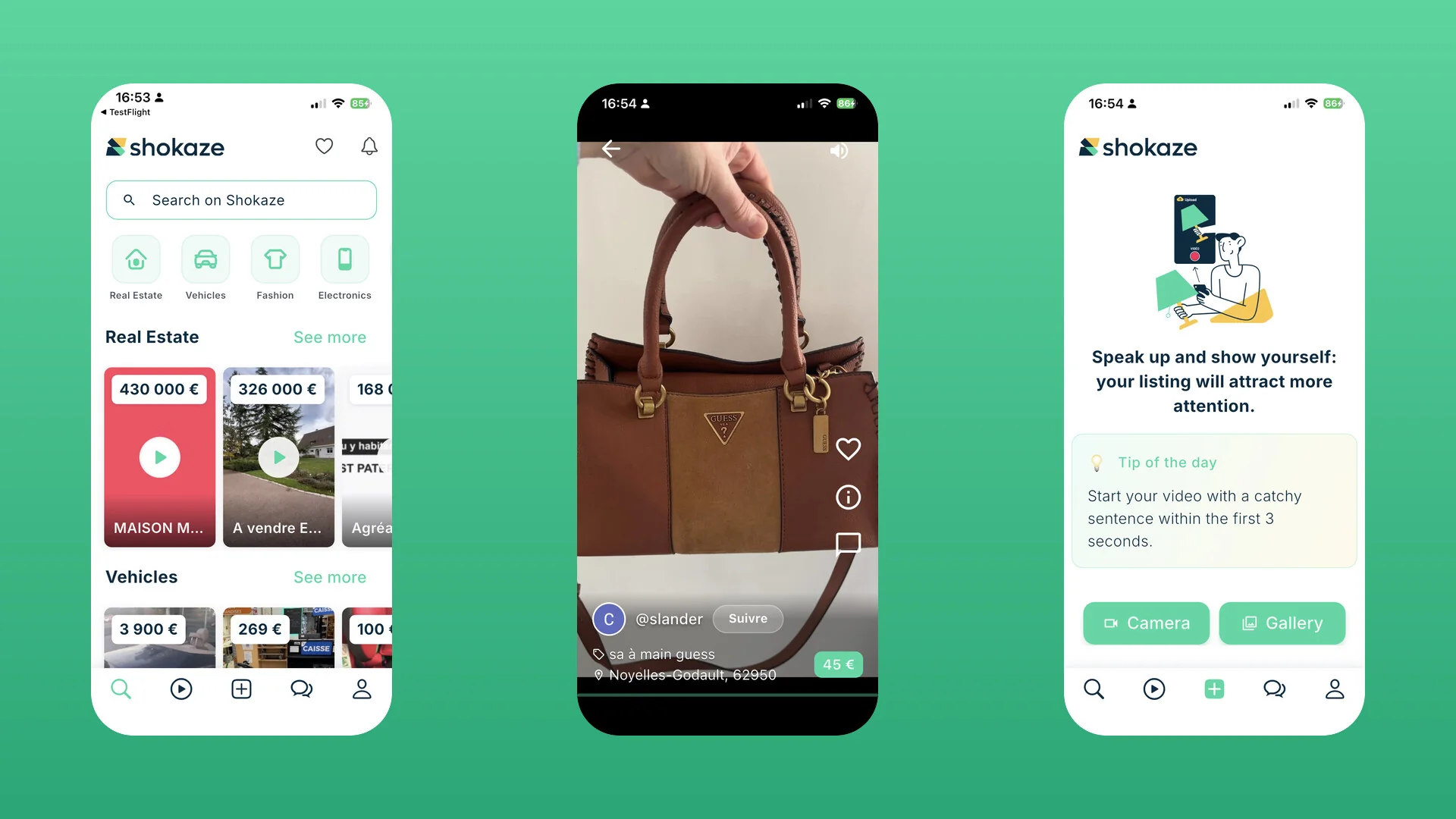 Captures d'écran de Shokaze, l'application iOS de petites annonces en vidéo vertical