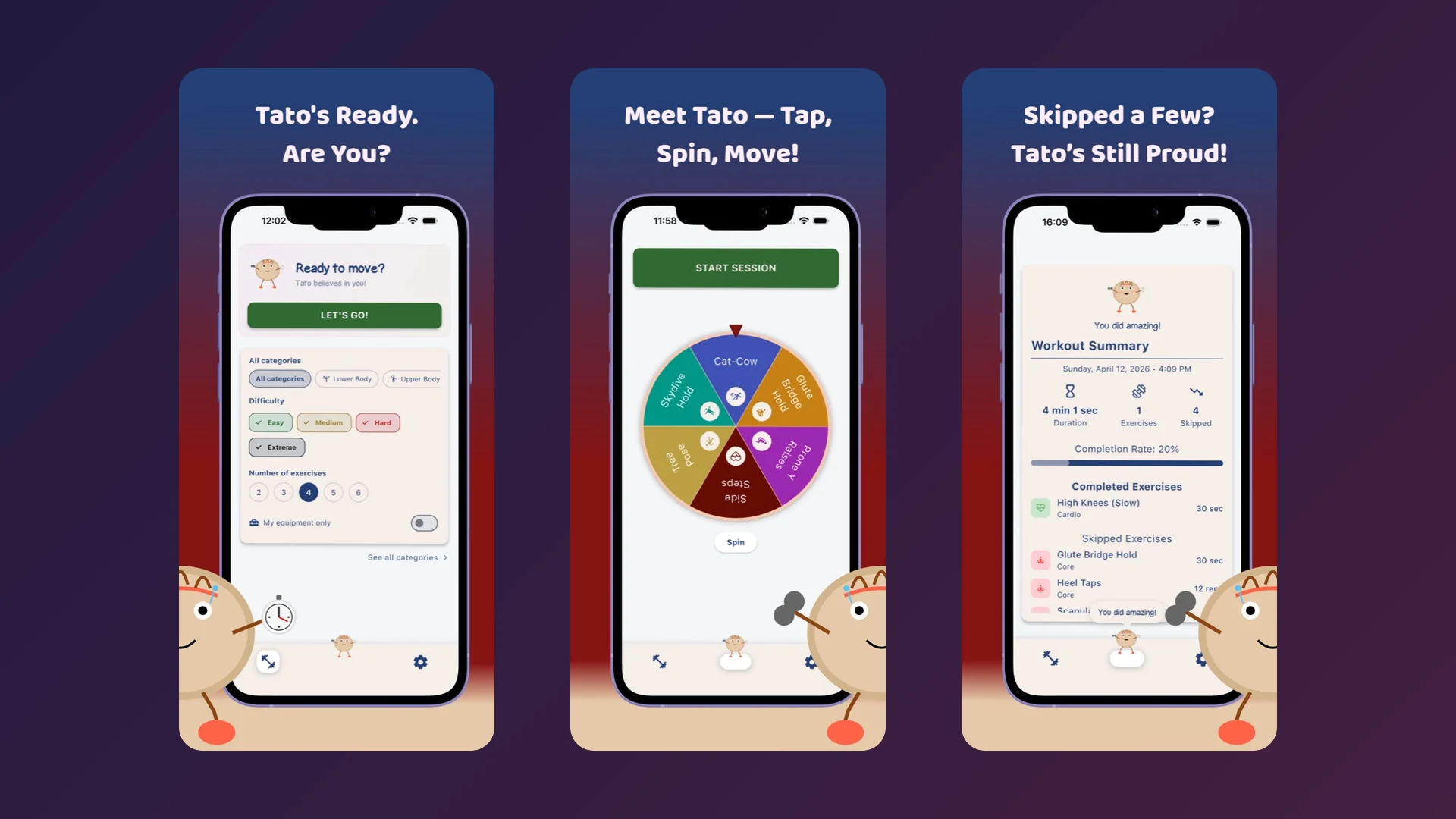 Captures d'écran de l'application Tato montrant la roue d'exercices, le minuteur et le résumé d'entraînement