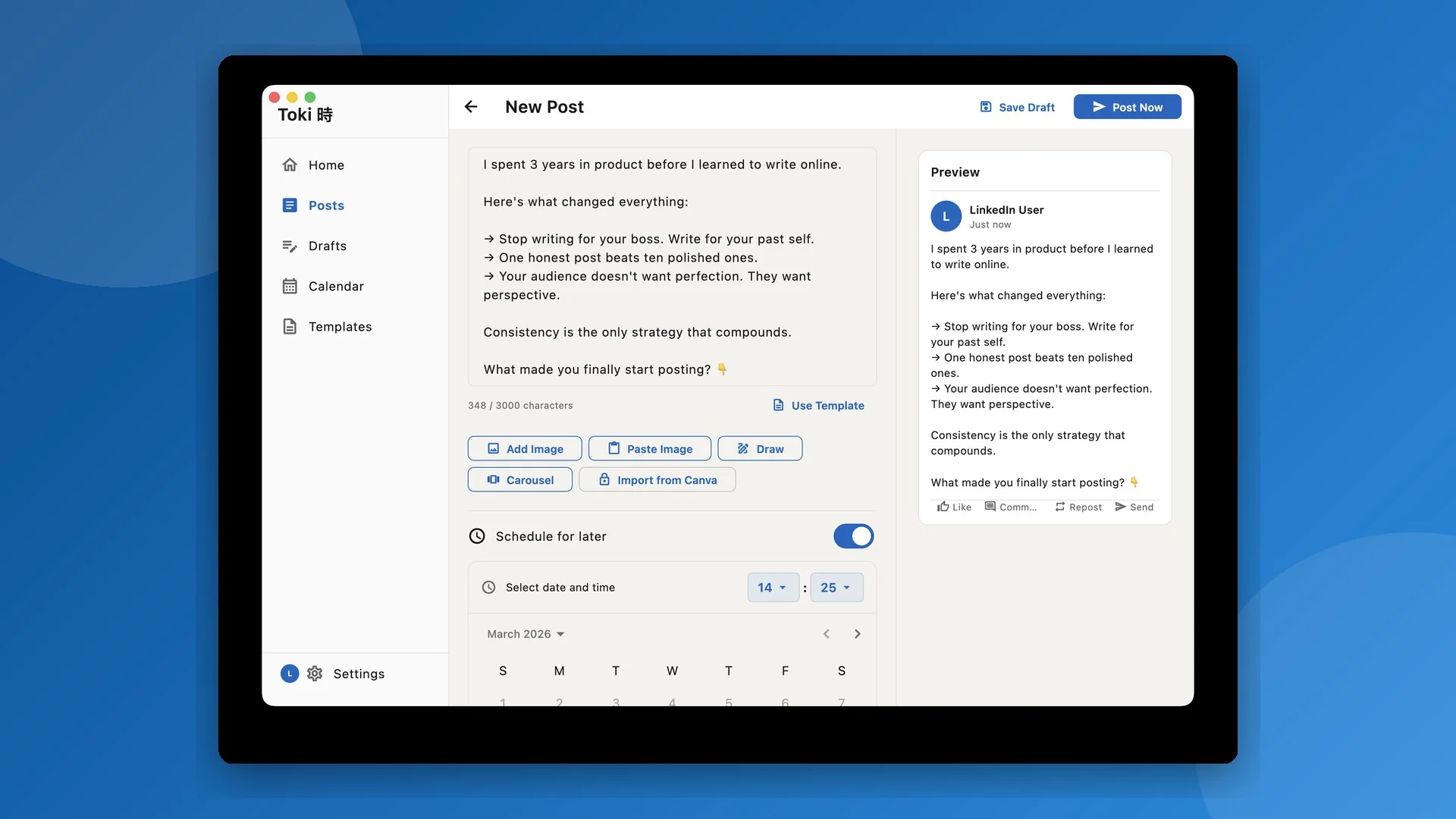 Capture d'écran de Toki, l'application macOS native de programmation LinkedIn